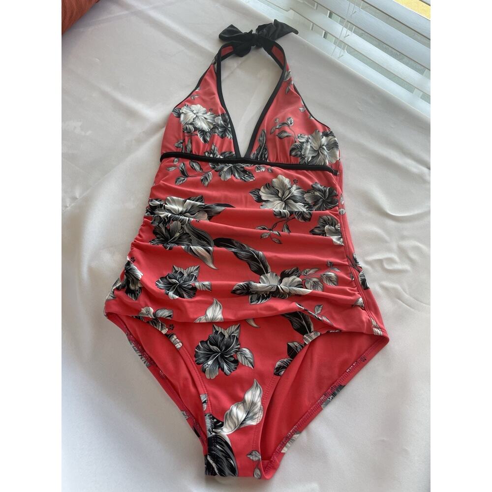 Tommy Bahama Coral Hibiscus Women's One Piece Halter Swimsuit Sz 6 Ruched Waist